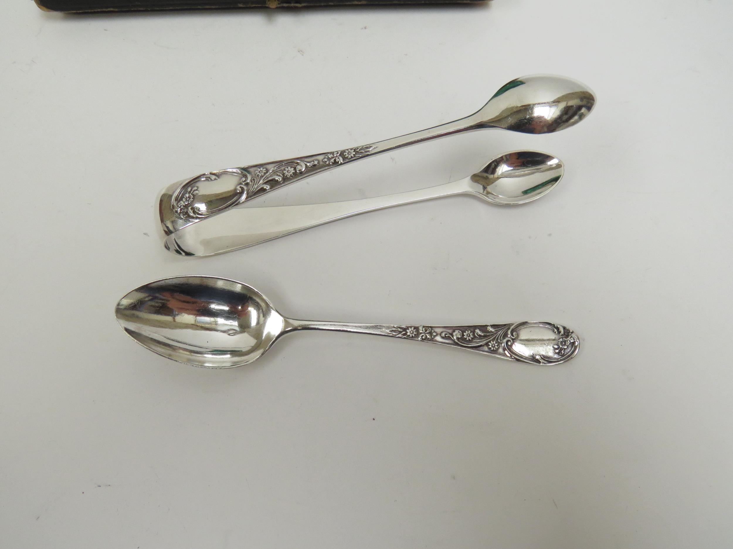 A set of six William Briggs & Co., silver coffee spoons and a pair of matching tongs in fitted case, - Image 2 of 2