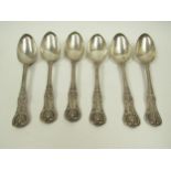 Six Victorian William Eaton Queens pattern serving spoons, with crested detail, 1840 650g