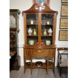 A circa 1900 Sheraton style satinwood full height display cabinet, boxwood and satinwood marquetry