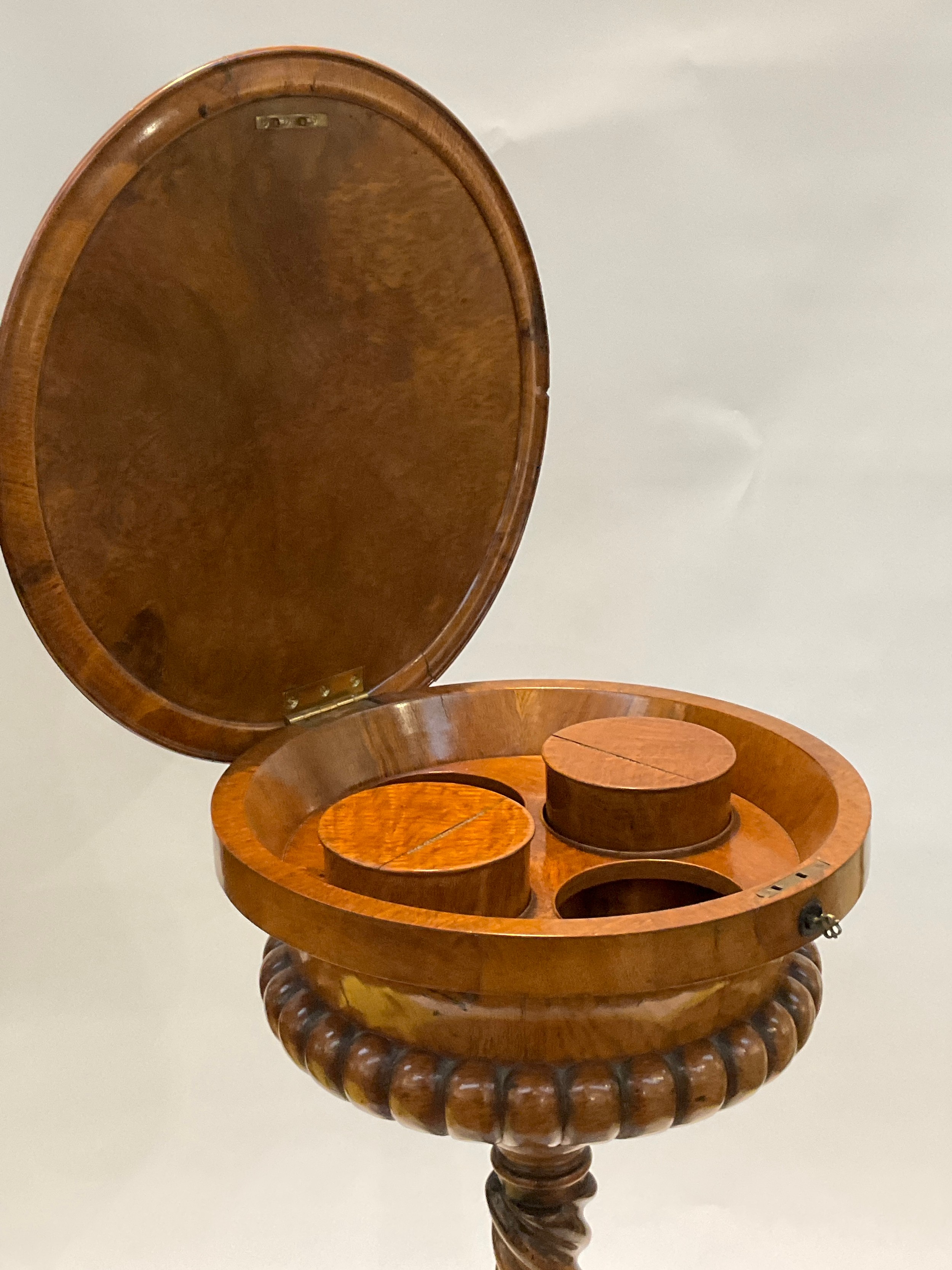 A burr walnut tepoy, the circular top opening to reveal twin tea caddies (no jars) on a twisted - Image 3 of 4