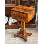 A Victorian rosewood two drawer work table with beaded column on bun feet, 72cm x 40.5cm x 35cm