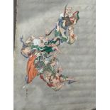 An Oriental handpainted silk display of a battle scene, unframed, 132cm x 59cm