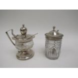 A Continental silver topped mustard with crystal glass body and a George III silver topped