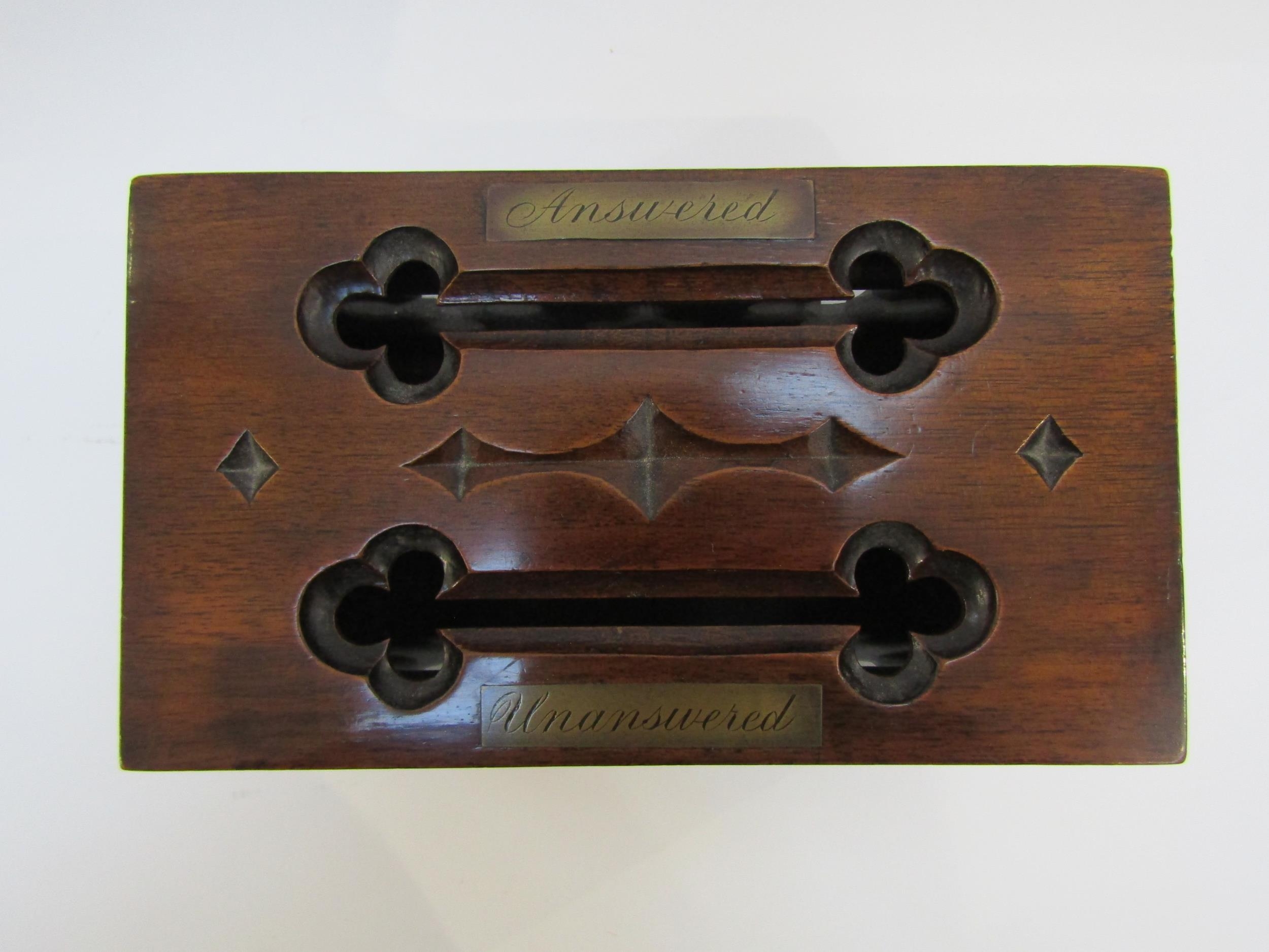 A Victorian carved hardwood letter box, the lid with 'Answered' and 'Unanswered' brass plaques and - Image 6 of 14