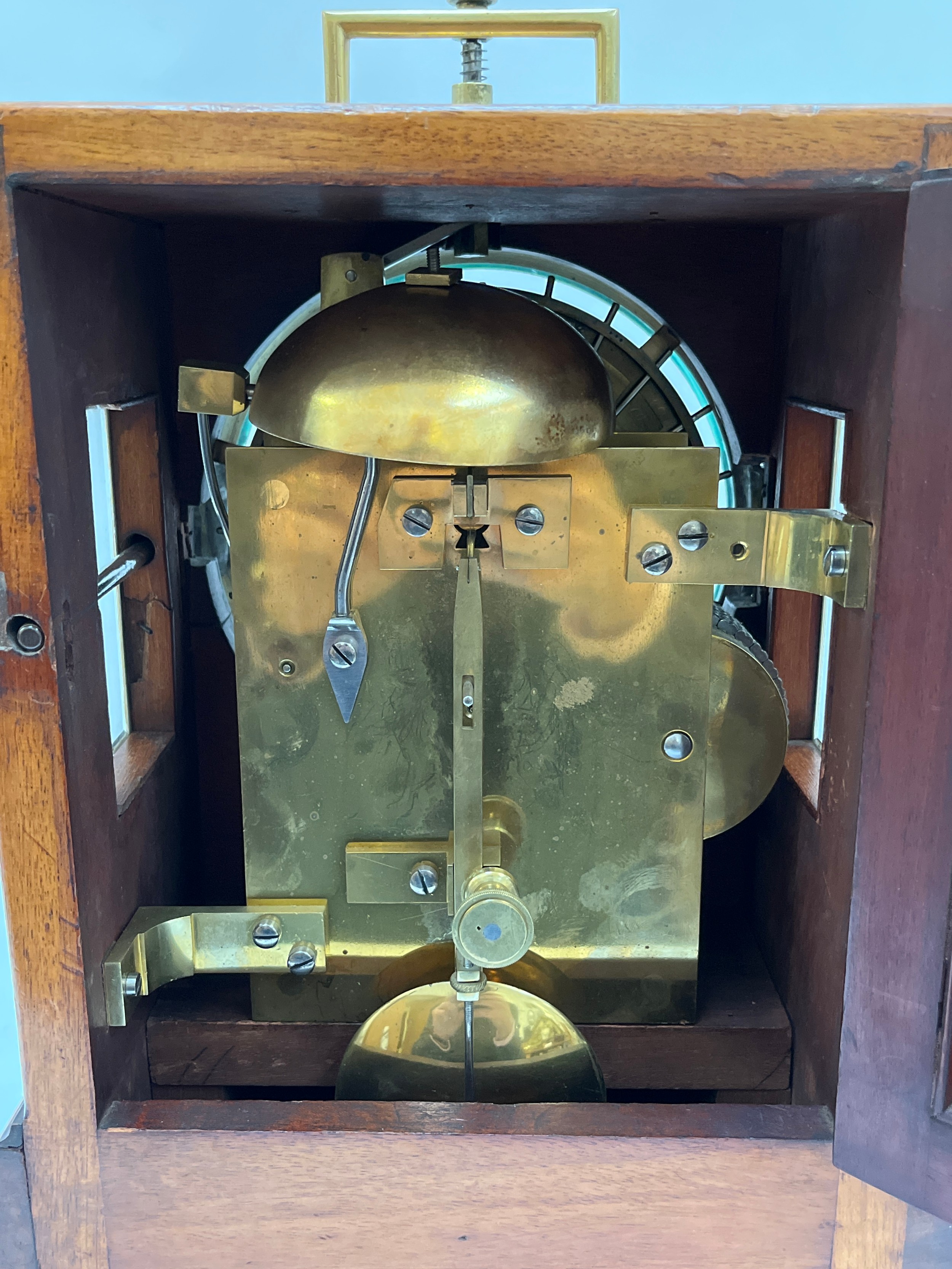 A Victorian watchman's shelf clock, dial marked Clerke, 1 Royal Exchange, London. Heavy brass - Image 4 of 6