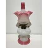 A 19th Century Hinks safety oil lamp with Nailsea opaque and pink tube-lined glass reservoir/foot