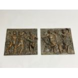 Two cast bronze plaques depicting dancing figures, 25cm x 28cm