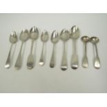 Seven silver teaspoons Georgian and Victorian and a pair of Edinburgh silver salt spoons 1775, all