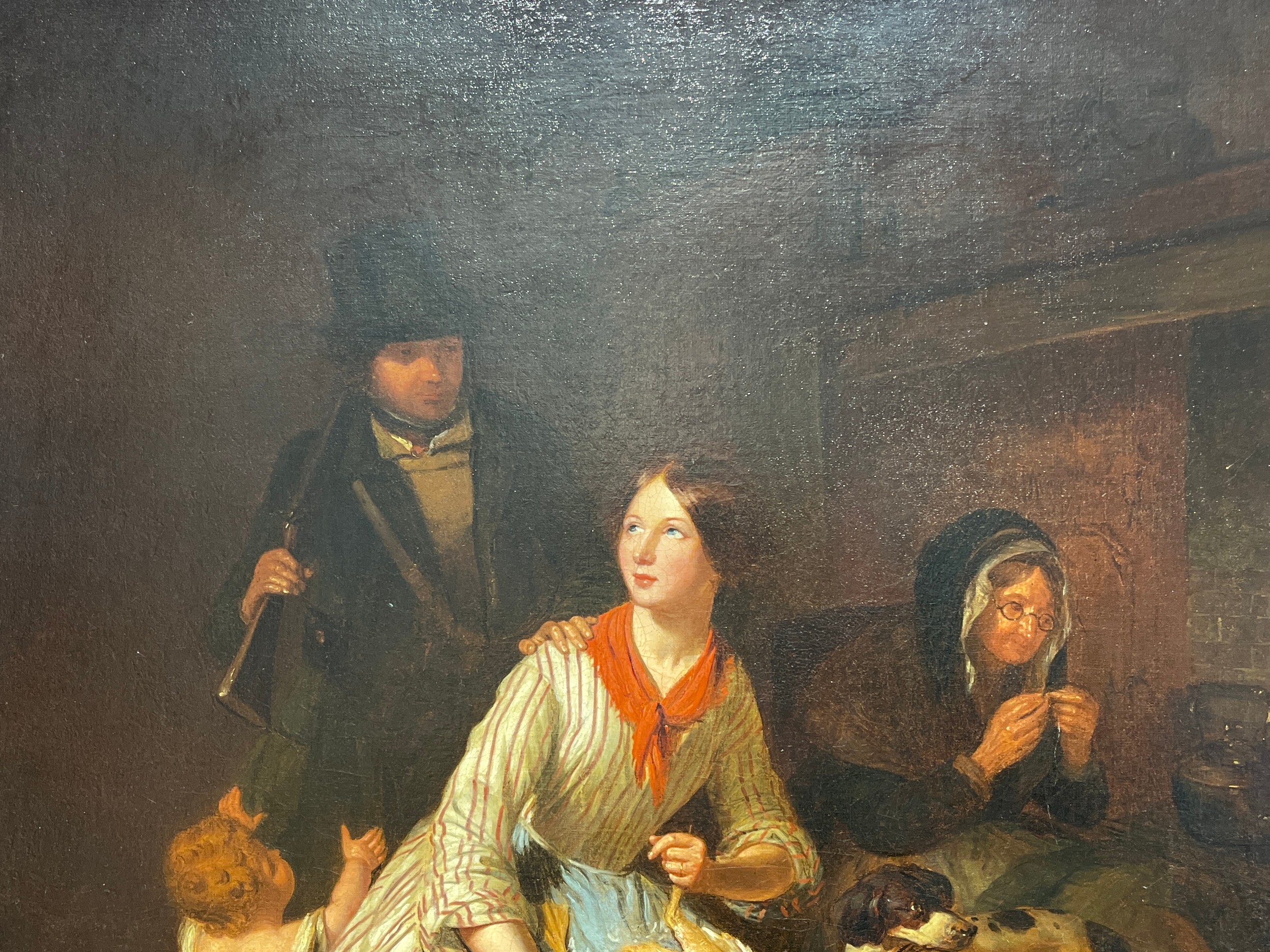 A 19th Century oil on canvas, interior family scene with young woman plucking a goose. Unsigned - Image 3 of 3