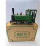 A boxed MSS The Model Steam Specialist 0 Gauge live steam 0-4-0 saddle tank locomotive in green