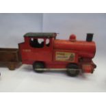 Two wooden model trains and a Tri-ang Puff-puff pressed tin locomotive