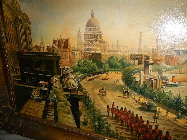 A gilt framed oil on canvas of a vintage London scene by Len Mutton? 53 x 90 cm. (collect only). - Image 2 of 4