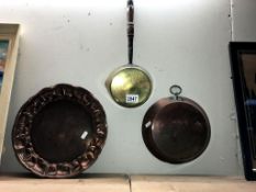 A copper plate, pan & saucepan