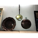 A copper plate, pan & saucepan