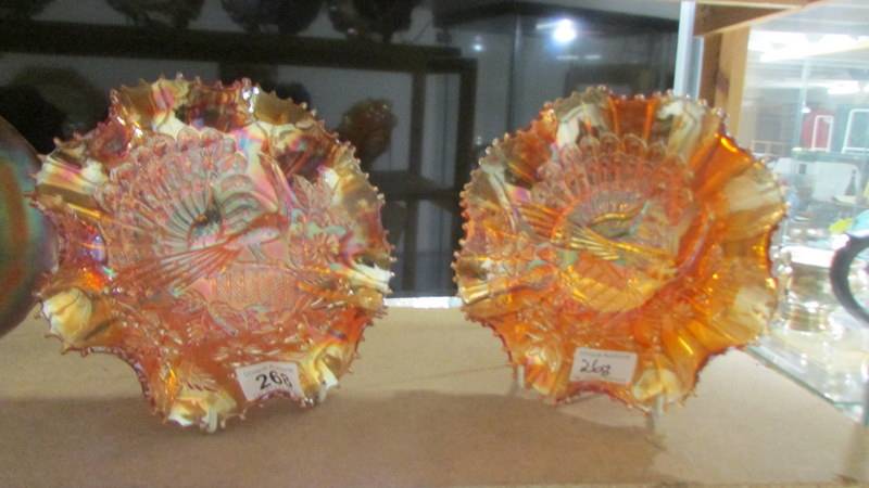 Two Carnival glass marigold peacock on fence bowls.