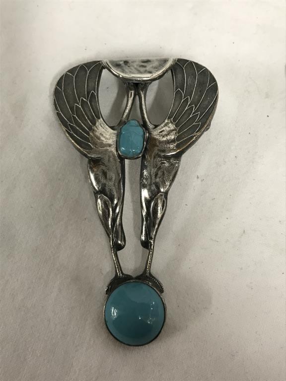 An arts and crafts white metal belt buckle with turquoise stones in the form of a styalised bird. - Image 12 of 12