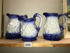 3 blue & white Burleigh Staffordshire jugs (height of tallest 20cm). Collect only.