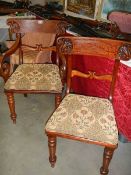 An early mahogany elbow chair and a dining chair. Collect only.