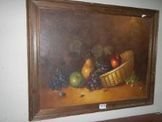 A still life oil on canvas of fruit. 59 x 69 cm. Collect only.