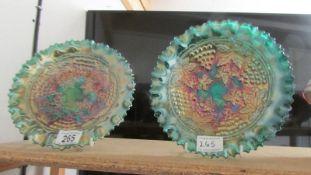 Two carnival glass green grape and cable basket weave bowls.