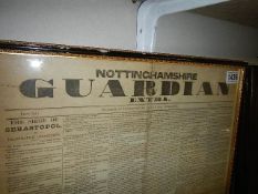 A framed and glazed 1854 Guardian newspaper. Collect only. 66 x 47 cm.