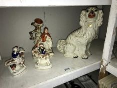 3 Staffordshire pottery figures & a Spaniel