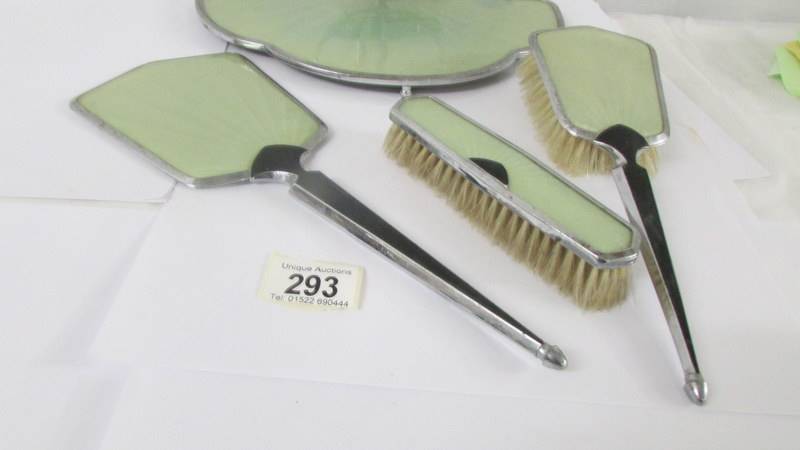 An art deco dressing table set comprising tray with manicure items. hand mirror and two brushes. - Image 6 of 6