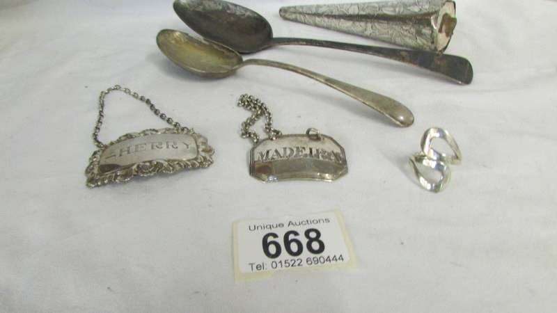 Two silver spoons, two silver spirit lables, A Victorian cone shaped perfume bottle a/f, etc., - Image 4 of 4