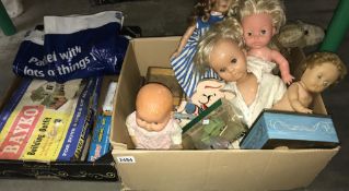 A box of vintage dolls and wooden building blocks. Part Bayko set etc.