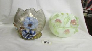 Two 19th-century glass bowls with applied flowers, (both have chips to flowers and leaves).