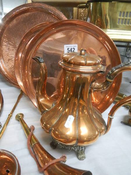 Three polished copper trays, a copper chestnut roaster, copper coffee pot and copper horn, Collect - Image 2 of 3