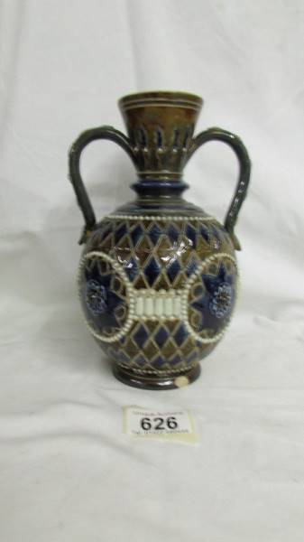 A Royal Doulton two handled vase in a blue, brown and white pattern, various artists including