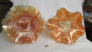 Two Ducas marigold 9" pony carnival glass bowls.