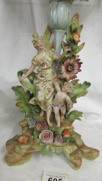 A continental porcelain bowl on figural bowl, circa 19th-century, 44 cm tall, a/f (repair to rim). - Image 2 of 6