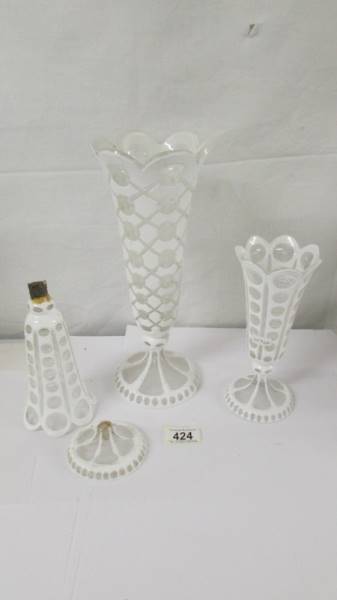 Three early Victorian overlaid glass vases, one a/f, others in good condition.
