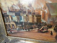 A gilt framed oil on canvas of a vintage London scene by Len Mutton?. (collect only). 53 x 90 cm.