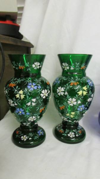 A pair of hand decorated green glass vases and three others. Collect only. Both green vases have a - Image 2 of 9