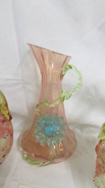 Two 19th-century glass baskets and a jug, all with applied flowers (baskets have chips to flowers, - Image 3 of 4