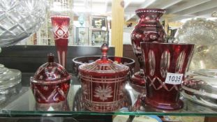 3 red overlaid glass vases, bowl and 2 lidded pots. Collect only.