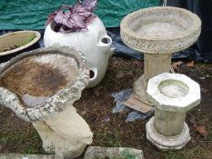 Three bird baths - 2 on columns and 1 on owl and log plinth. Collect only.