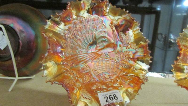 Two Carnival glass marigold peacock on fence bowls. - Image 4 of 4