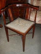 A mahogany inlaid corner chair with tapestry seat.Collect only.