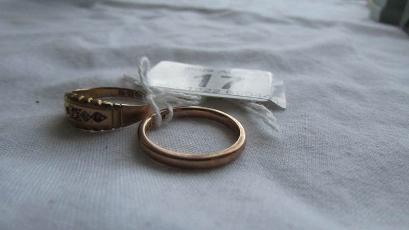 A 9ct gold wedding ring, size L and an early 20th century ring (missing one stone), size J half. - Image 3 of 3