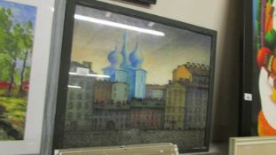 A framed and glazed Middle Eastern scene with Mosque. Collect only.