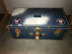 A blue antique travel trunk. Collect only.