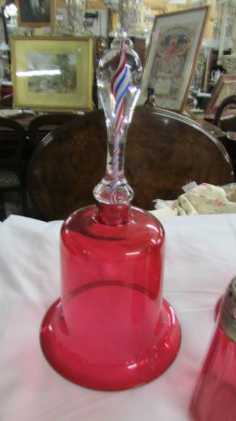 Two cranberry glass bells (no clangers) and a sugar sifter. Collect only. - Image 3 of 4