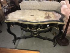 A large Victorian Buele table with brass edging and drawer. Distresssed top 151cm x 99cm x Height