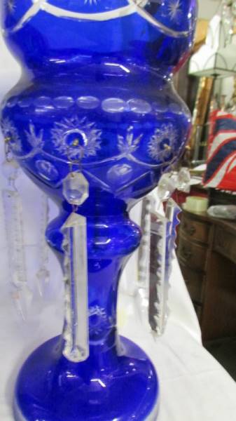 A pair of blue glass overlaid lustre's, (two droppers a/f and one dropper missing). 36 cm tall. - Image 3 of 4