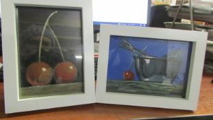 A pair of framed and glazed oil on board still life studies of cherries by Natasha Arnold,