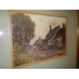 A gilt framed and glazed watercolour, farm yard scene, signed but indistinct.